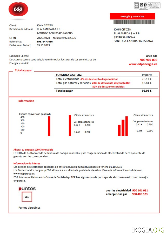Spain EDP Energia utility bill template in Word and PDF format